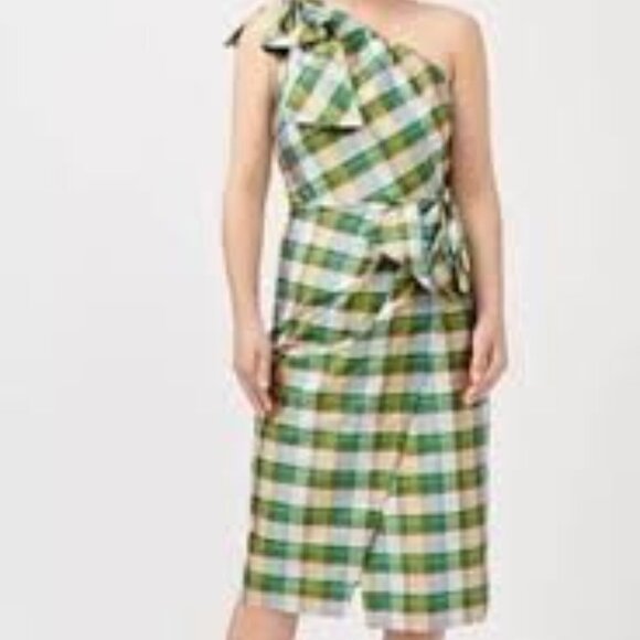 J Crew One Shoulder Sheath Dress Bow Faux Wrap Green Plaid Silk Blend Size 14 - Picture 11 of 11